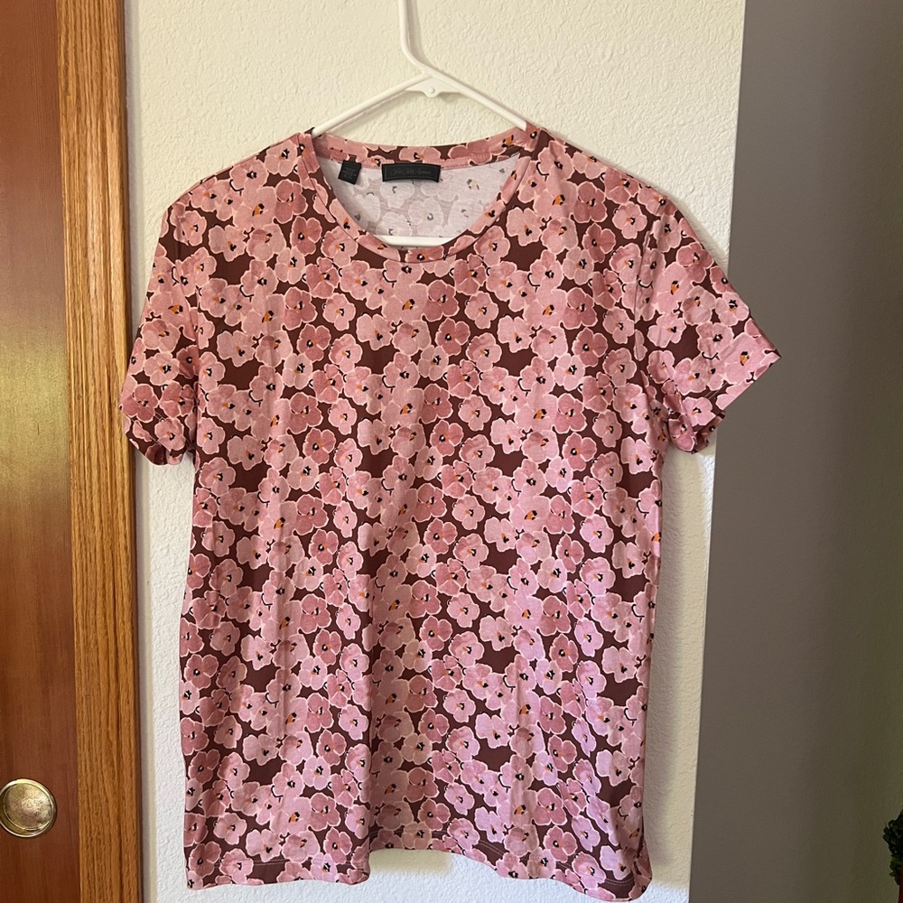 Saks Fifth Avenue Pink Brown Cherry Blossom Print 100% Cotton Short Sleeve Tee L